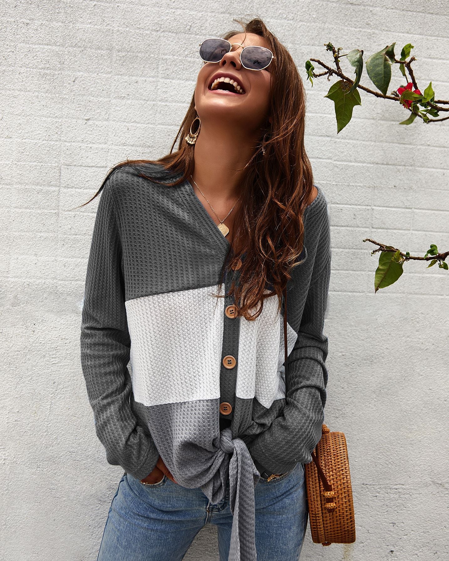 Devine Color Block Waffle Knit V-Neck Top