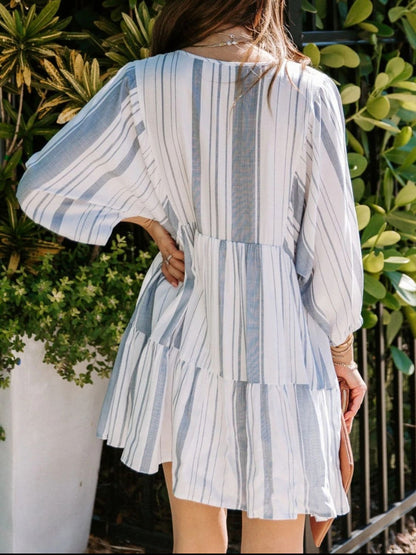 Tassel Striped Tie Neck Batwing Sleeve Dress