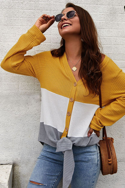 Devine Color Block Waffle Knit V-Neck Top