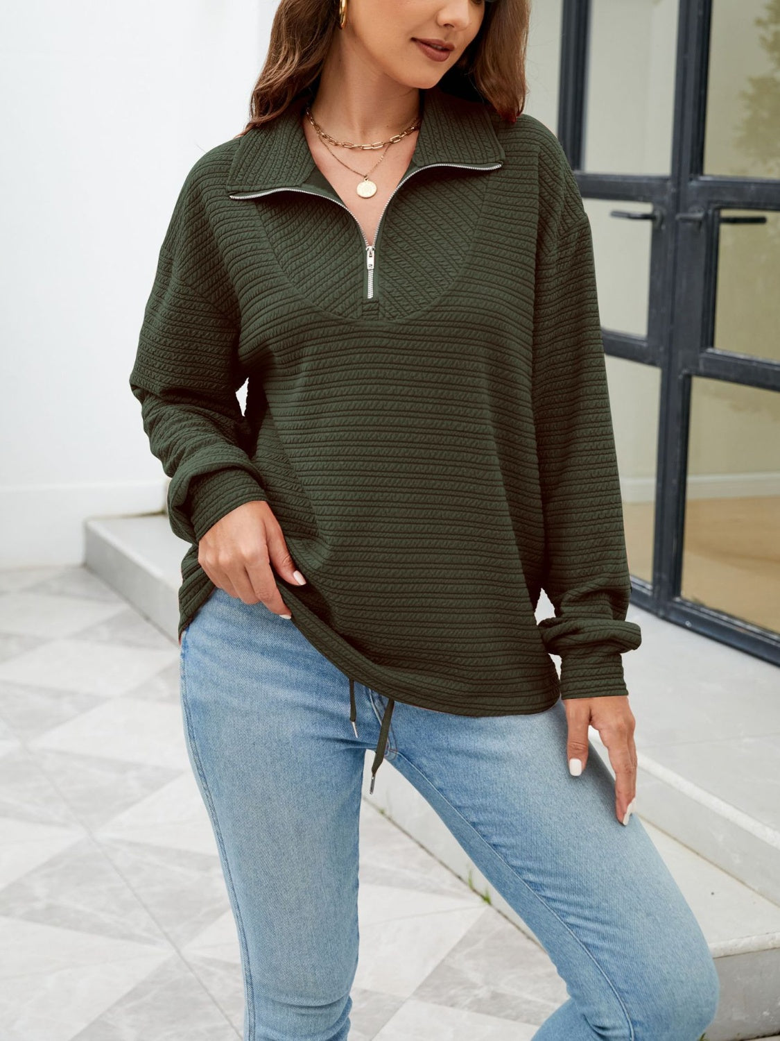 Textured Quarter Zip Long Sleeve Sweatshirt