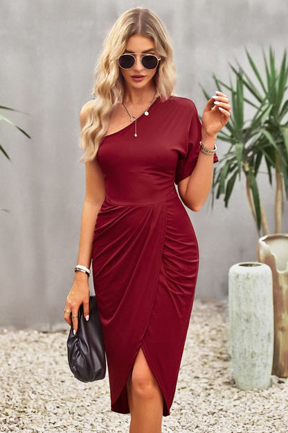 Devine Ruched One-Shoulder Tulip Hem Dress