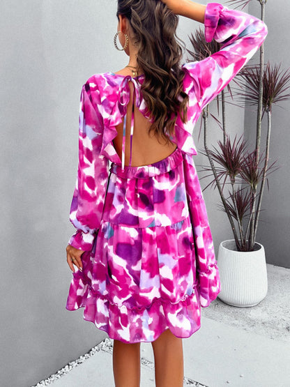 Devine Backless Printed V-Neck Flounce Sleeve Dress