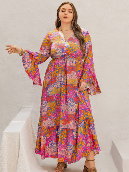 Plus Size Printed V-Neck Long Sleeve Maxi Dress