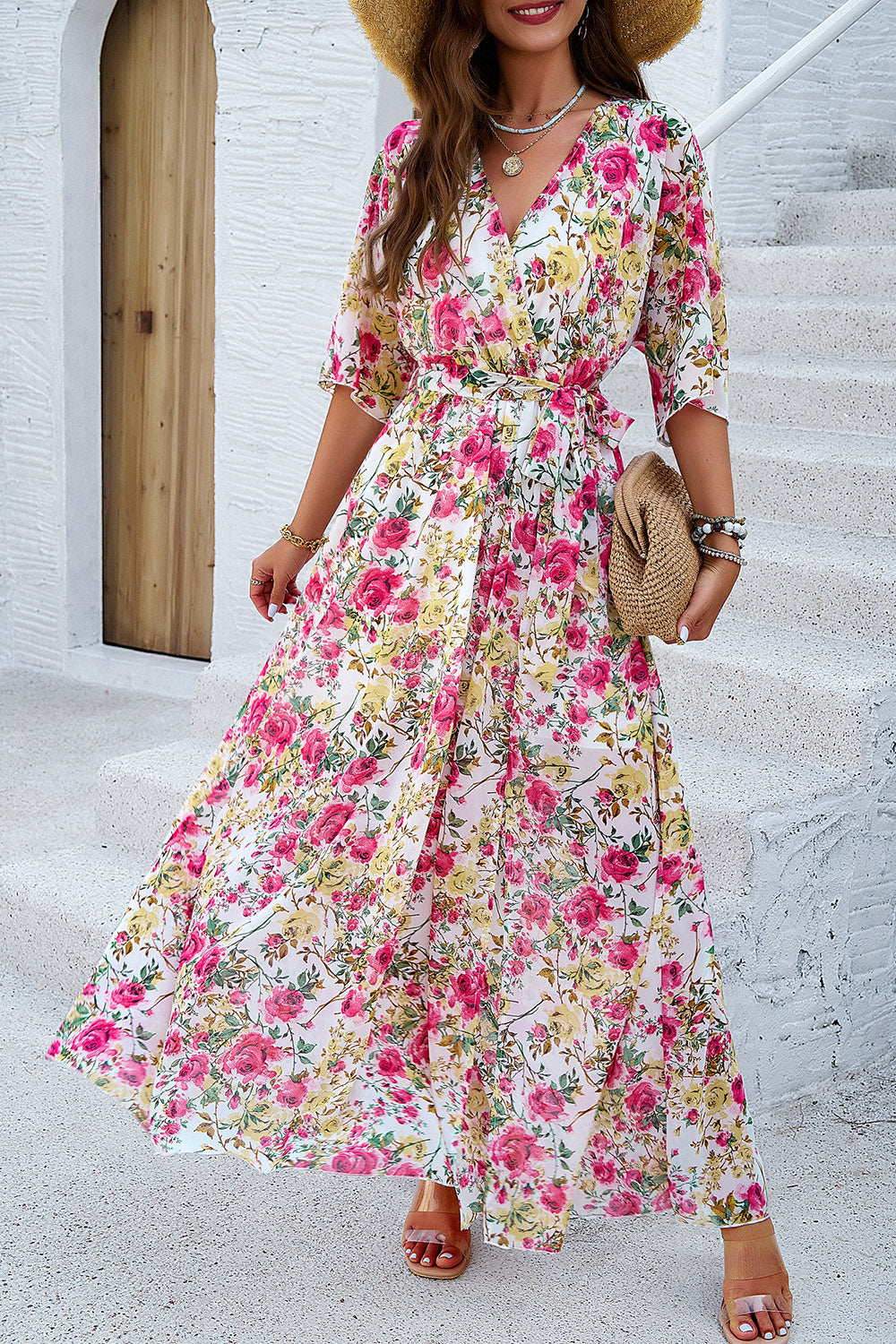 Devine Printed Tied Half Sleeve Slit Dress