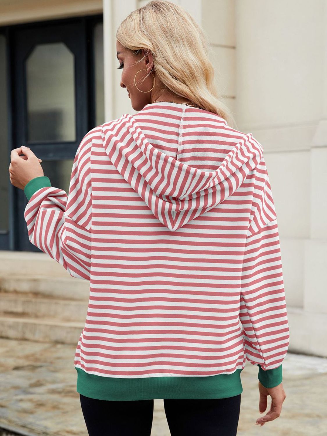 Drawstring Striped Zip Up Long Sleeve Hoodie