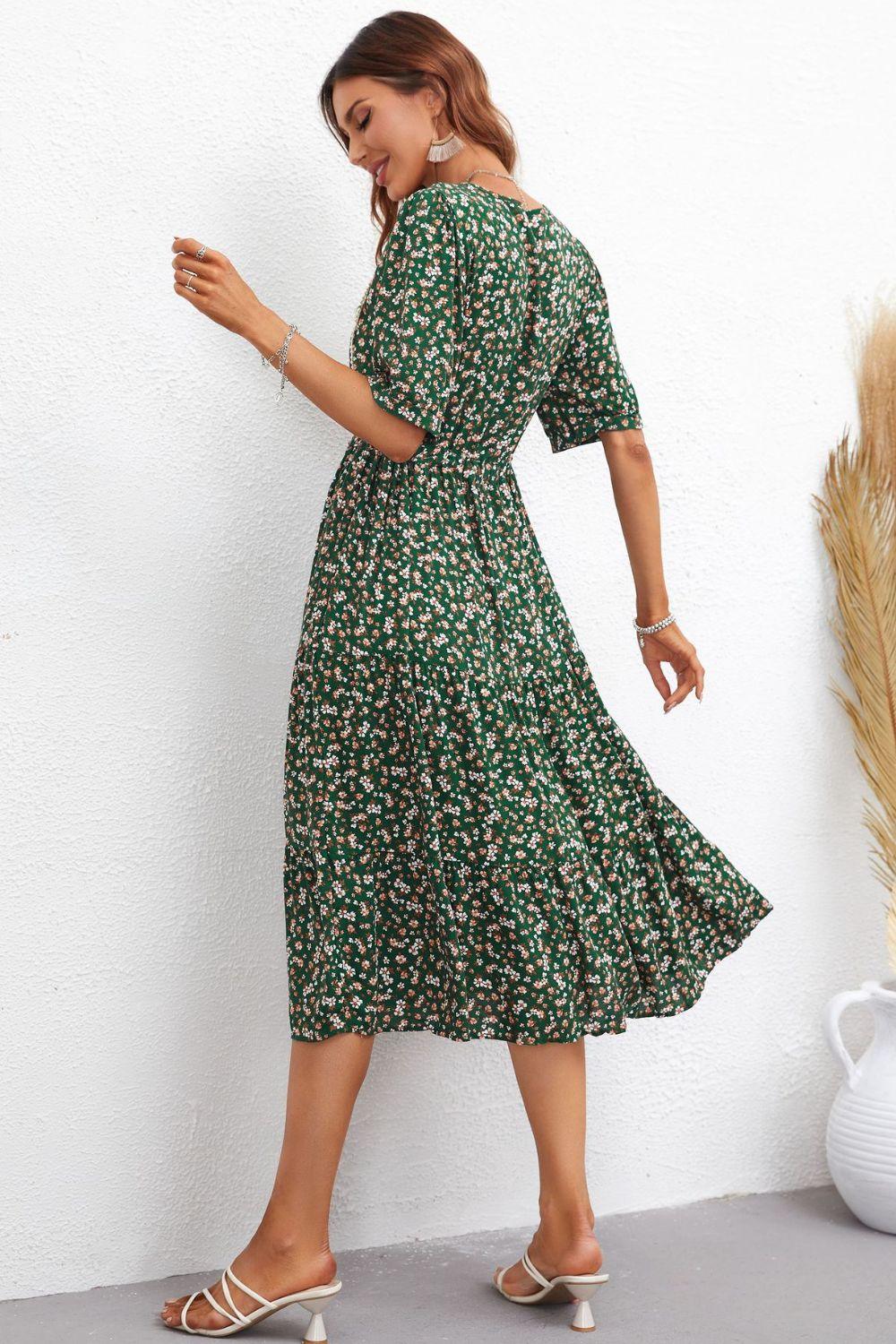 Honey Floral Notched Neck Lace Trim Midi Dress