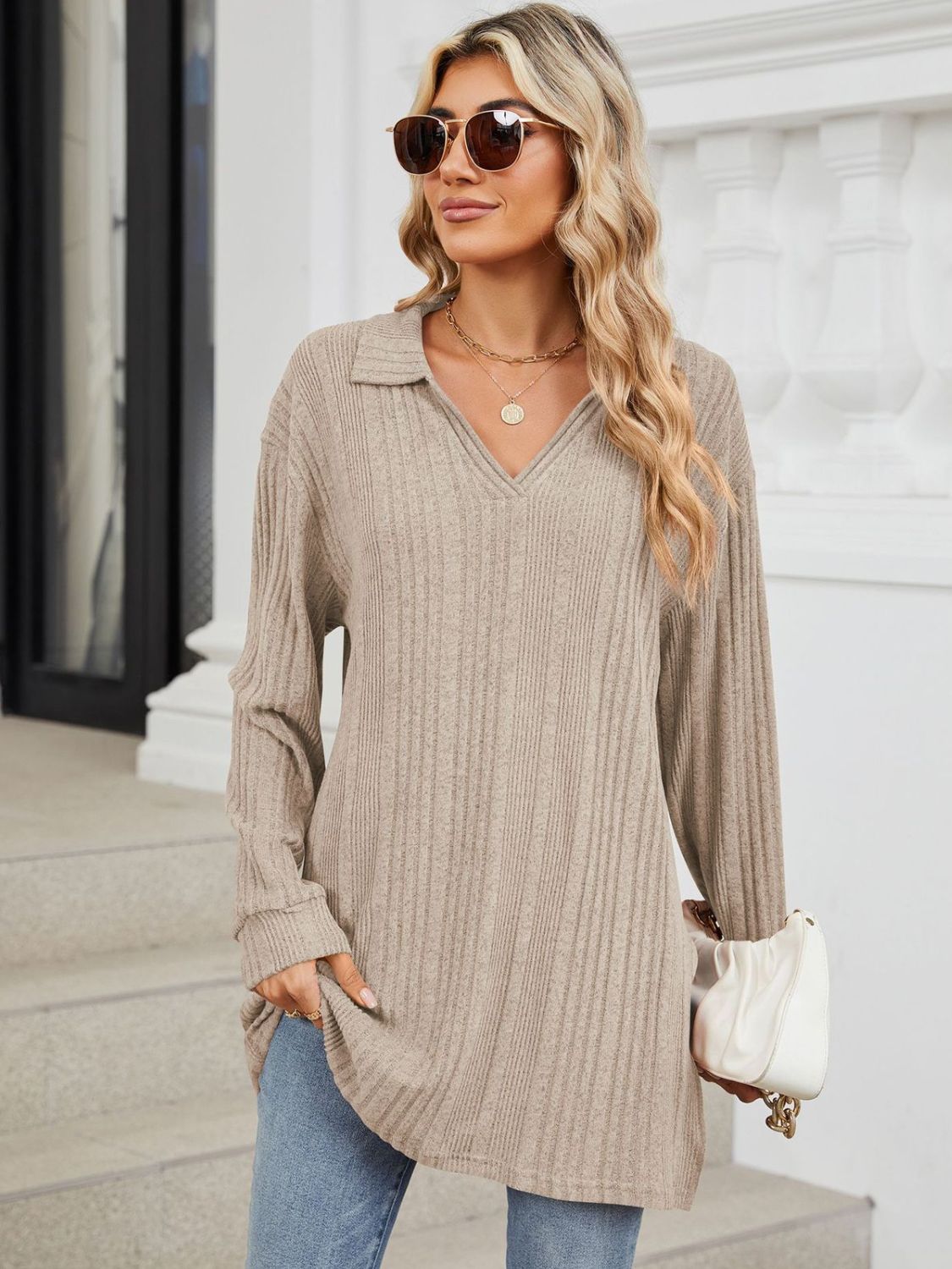 Slit Johnny Collar Long Sleeve T-Shirt