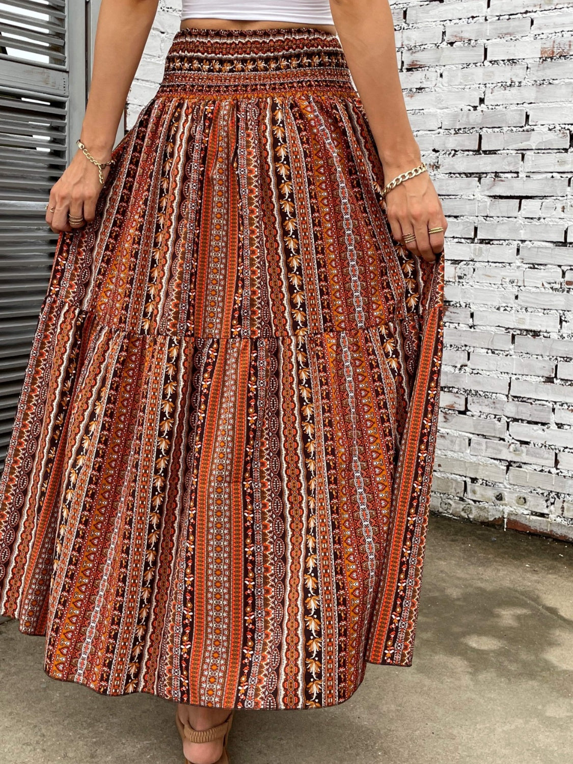 Printed Elastic Waist Maxi Skirt