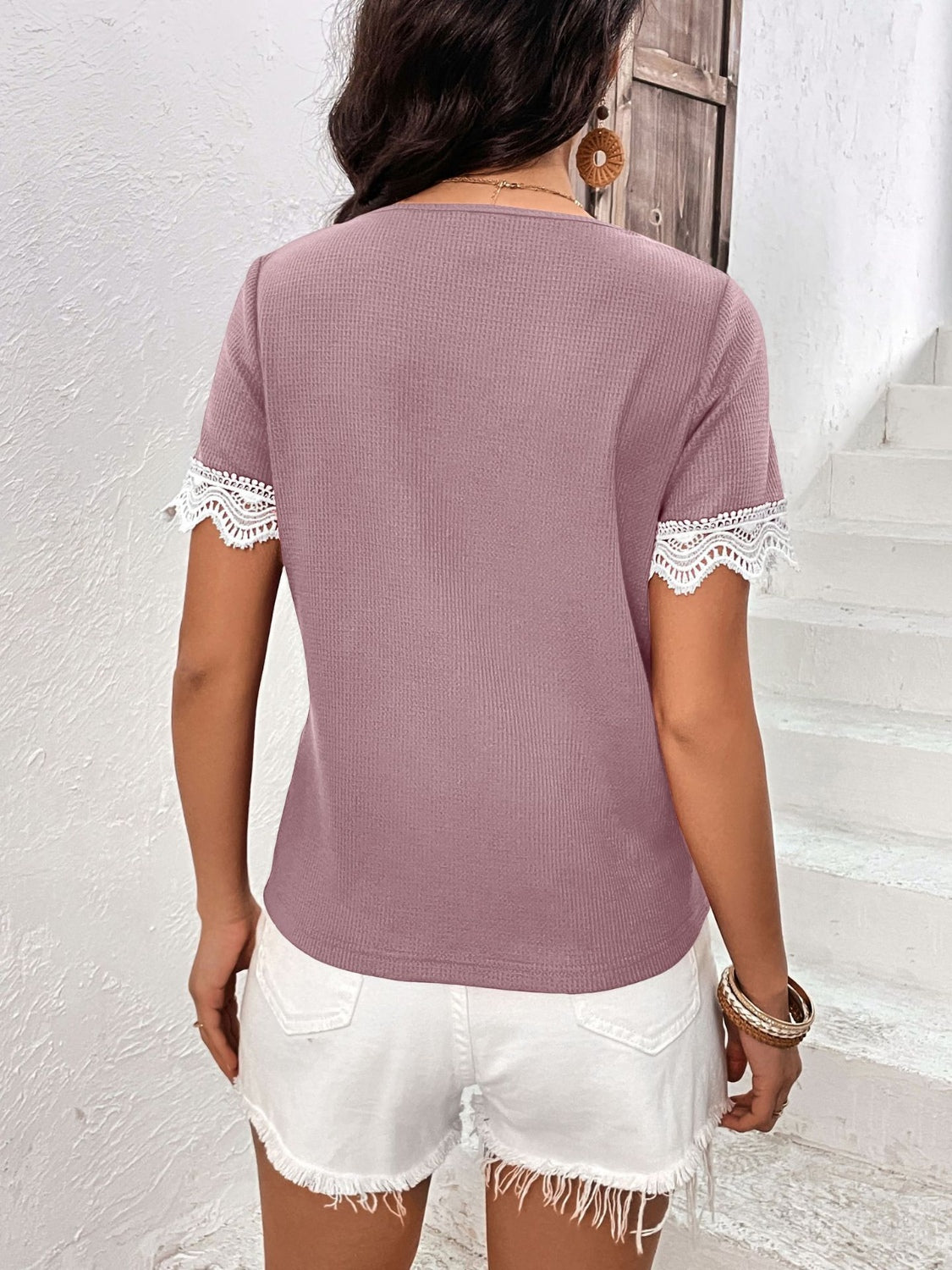 Ivy Lane Lace Detail V-Neck Short Sleeve T-Shirt