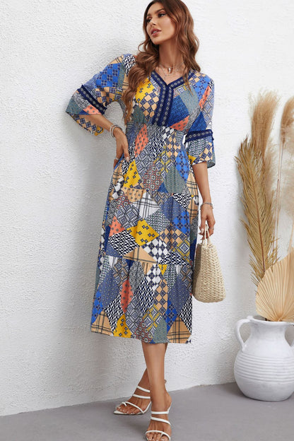 Honey Patchwork V-Neck Tiered Midi Dress