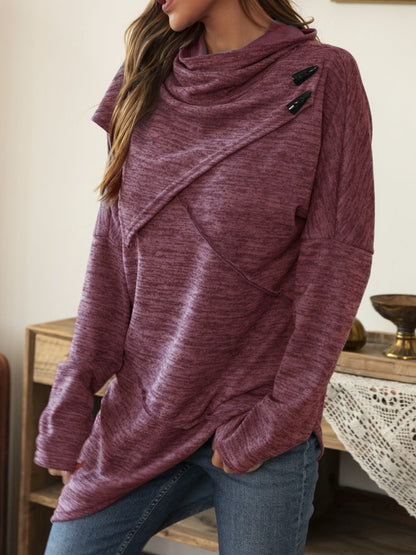 Asymmetrical Hem Cowl Neck Long Sleeve T-Shirt