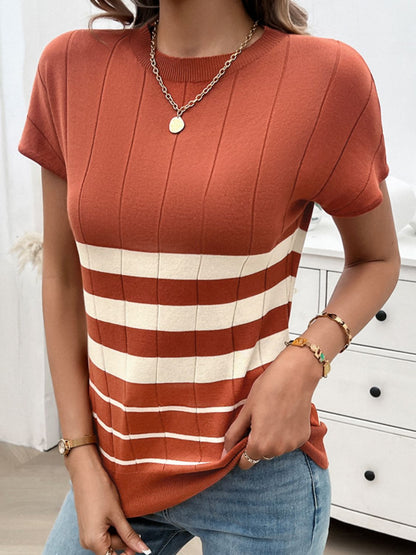 Devine Striped Round Neck Short Sleeve Knit Top