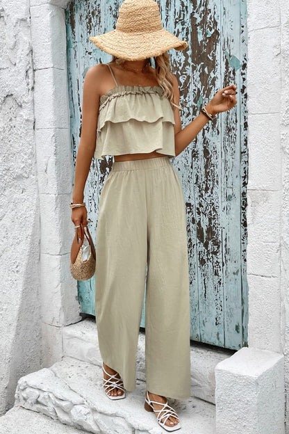 Honey Frill Trim Cami and Wide Leg Pants Set