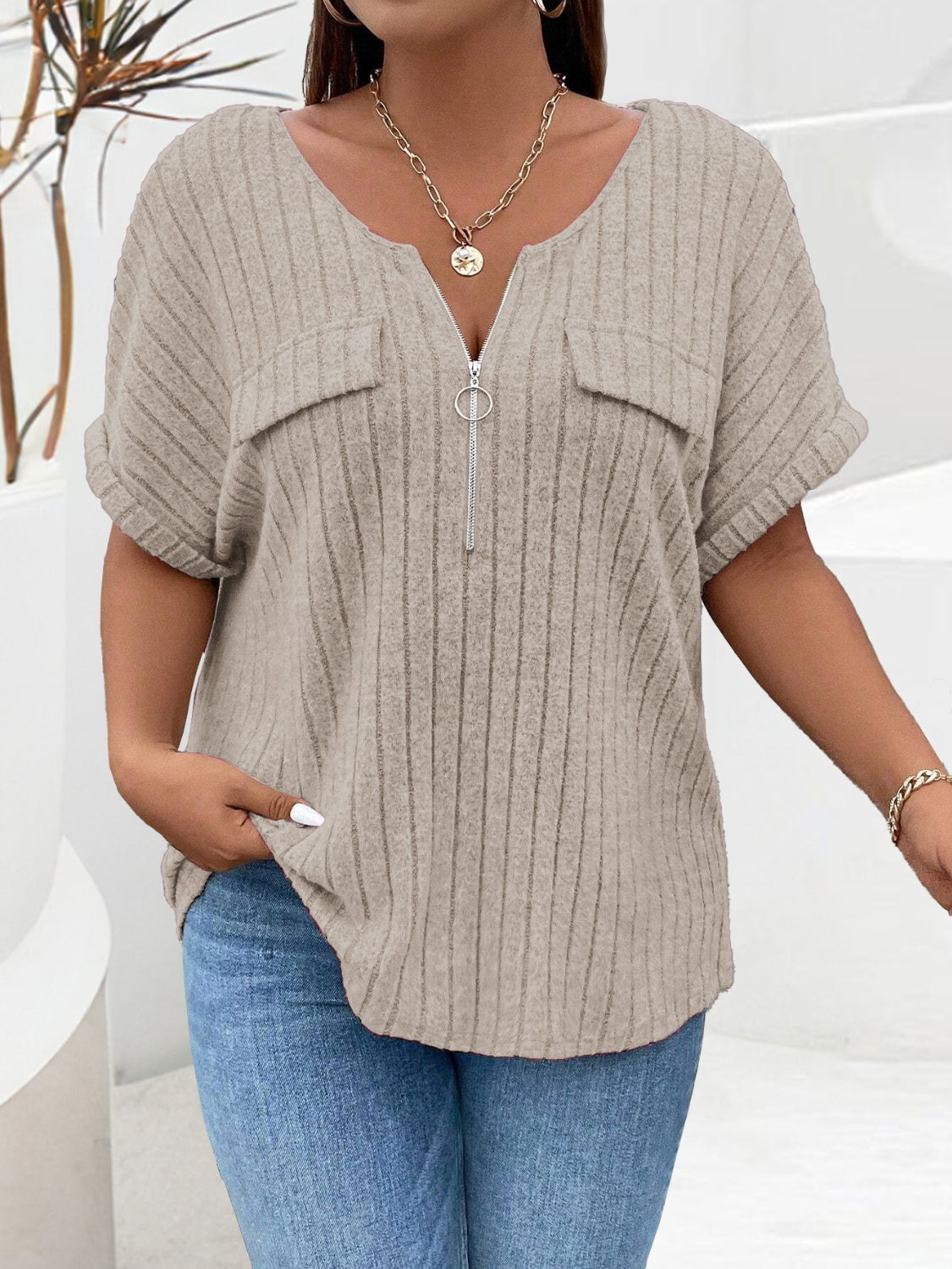 Plus Size Half Zip Short Sleeve T-Shirt