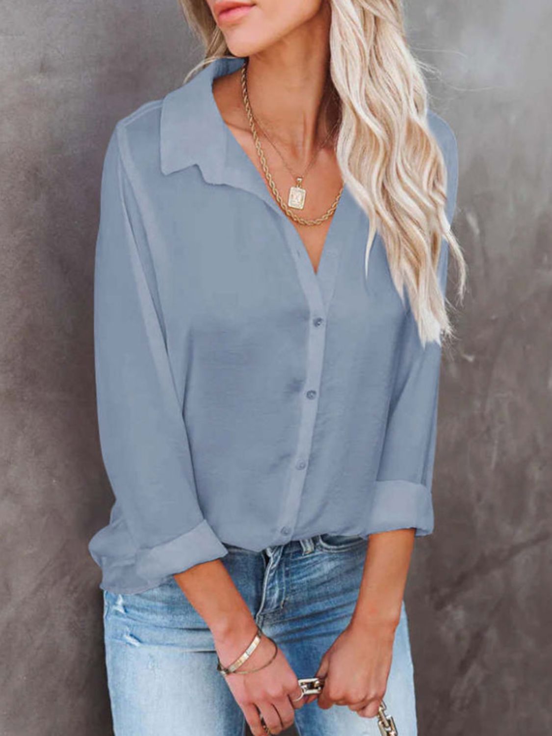 Button Down Collared Neck Long Sleeve Shirt