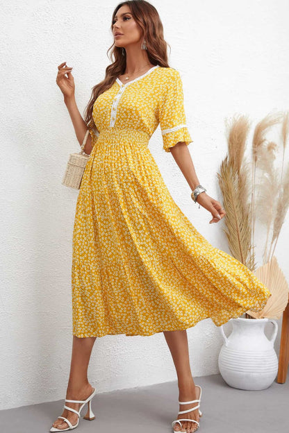 Honey Floral V-Neck Smocked Waist Midi Dress