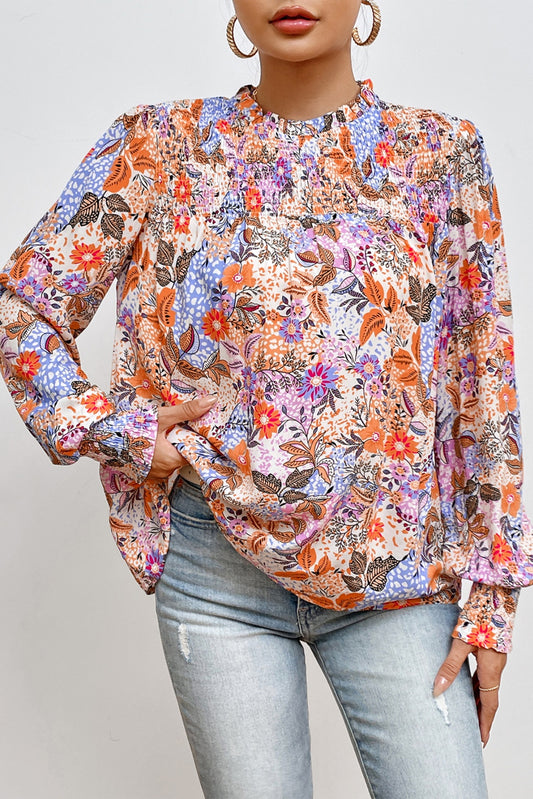 Multicolour Floral Print Sleeve Frilled Round Neck Blouse