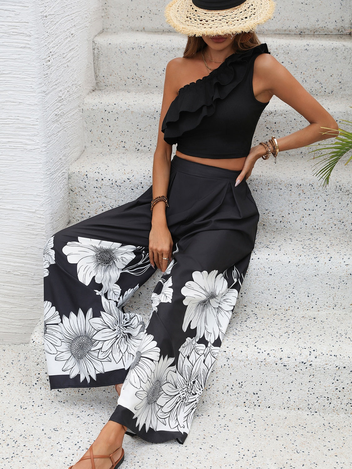 Honey Ruffled Single Shoulder Top and Printed Pants Set