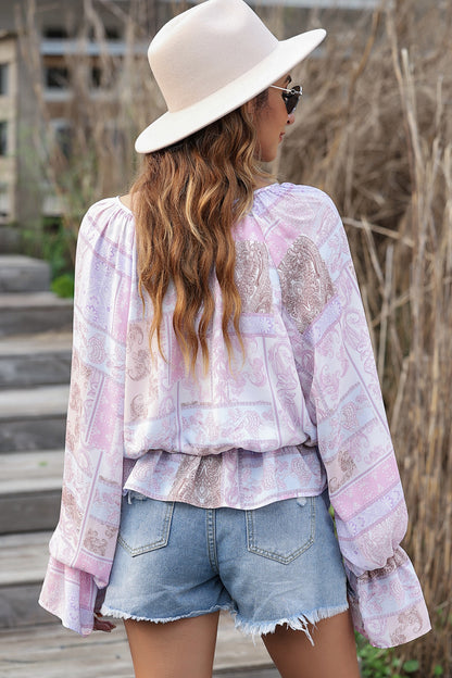 Printed Tie Neck Flounce Sleeve Blouse