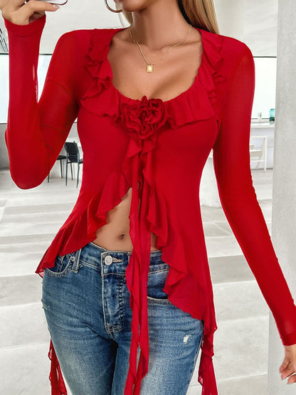 Devine Flower Scoop Neck Long Sleeve Top