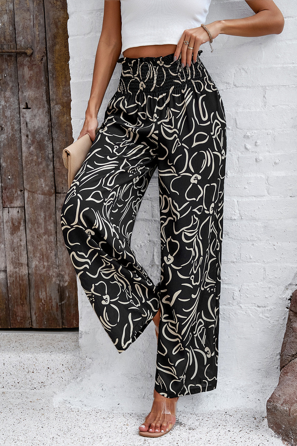 Devine Smocked Printed Wide Leg Pants with Pockets