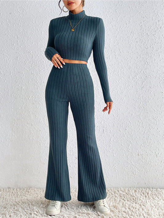 Honey Ribbed Mock Neck Cropped Sweater & High Waist Pants Set