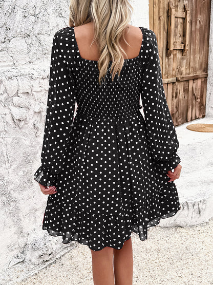 Devine Smocked Polka Dot Long Sleeve Dress