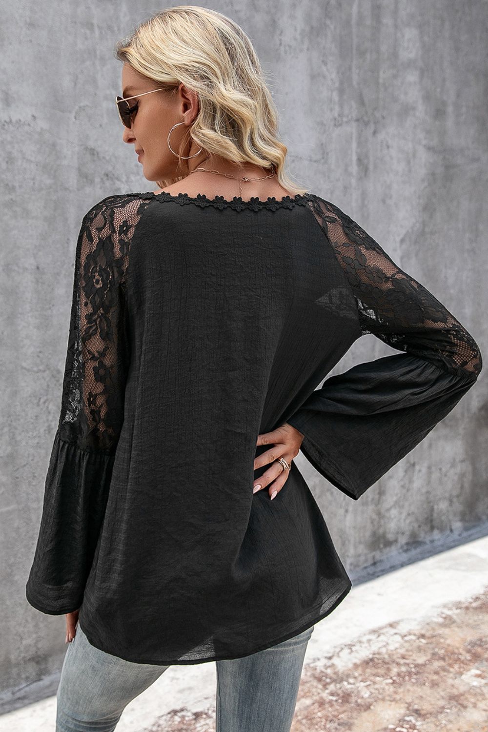 Ivy Lane V-Neck Spliced Lace Flare Sleeve Top