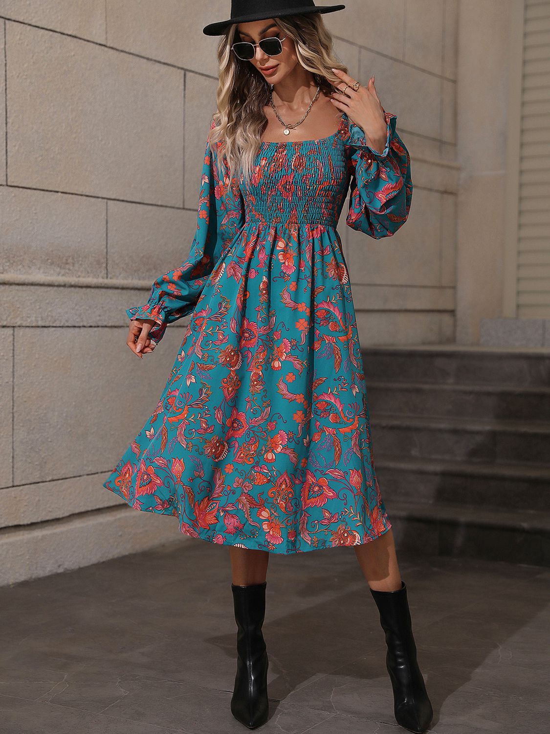 Honey Printed Square Neck Flounce Sleeve Dress