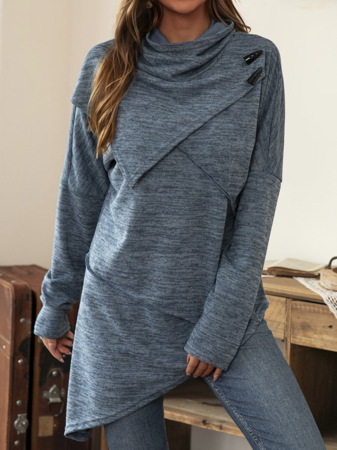 Asymmetrical Hem Cowl Neck Long Sleeve T-Shirt