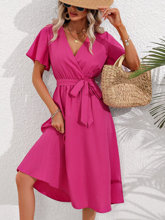 Honey Surplice Neck Tie Belt Midi Dress