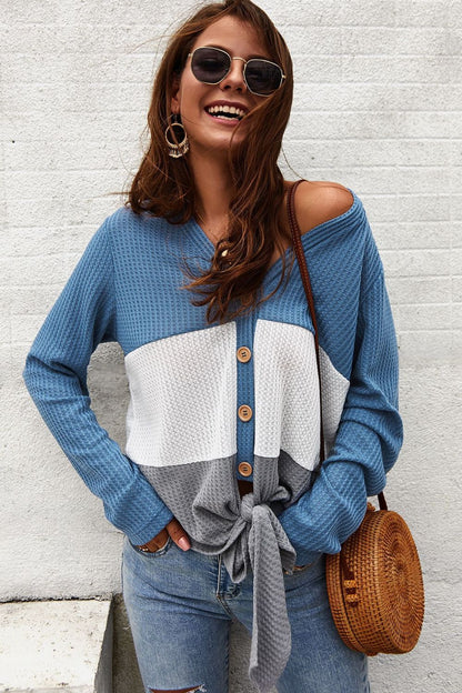 Devine Color Block Waffle Knit V-Neck Top