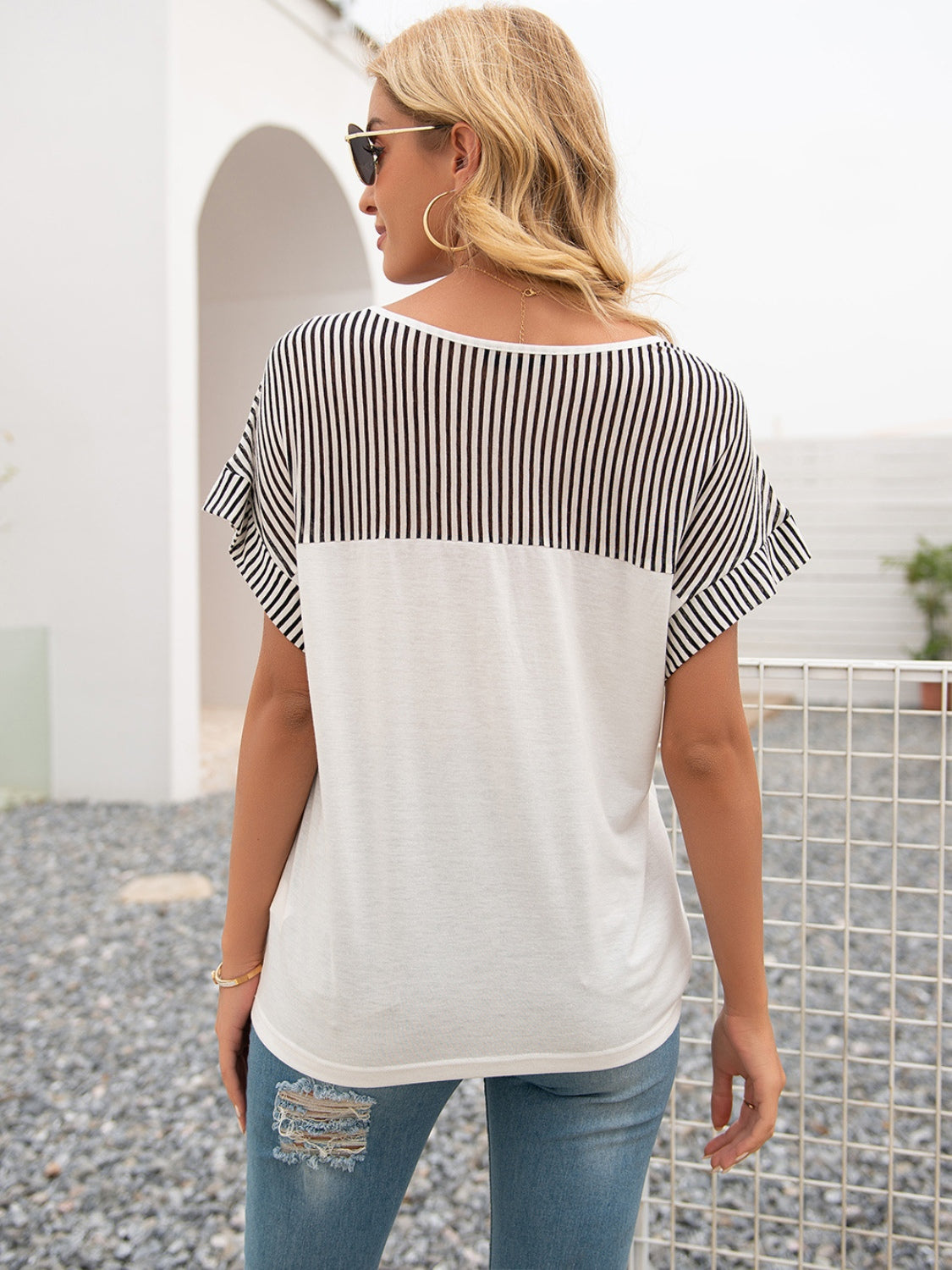 Ivy Lane Striped V-Neck Short Sleeve T-Shirt