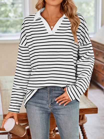 Lovelet Striped Johnny Collar Long Sleeve T-Shirt