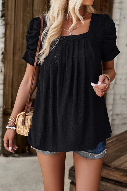 Devine Eyelet Square Neck Puff Sleeve T-Shirt