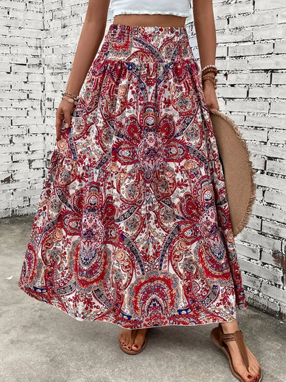 Printed Elastic Waist Maxi Skirt