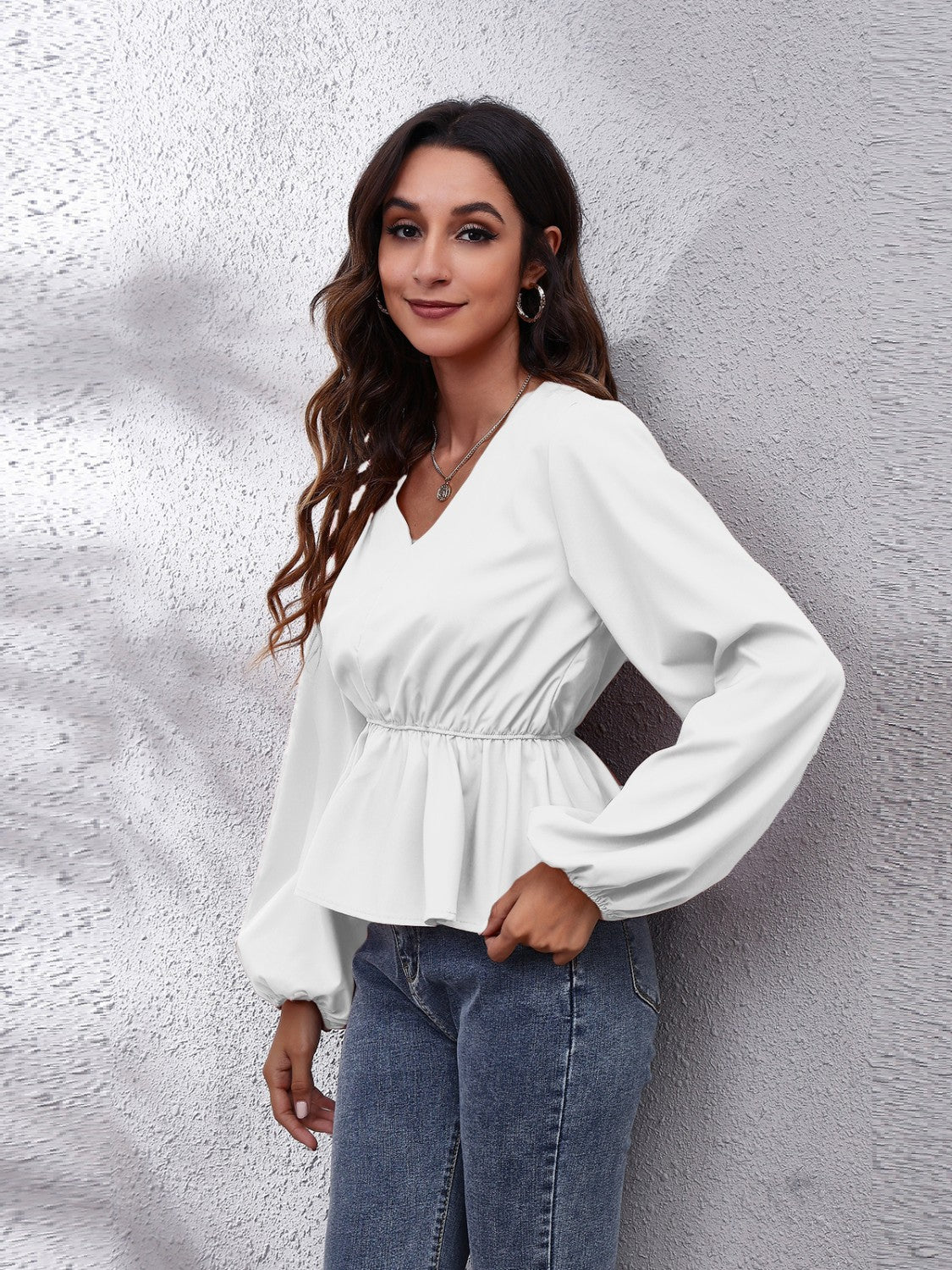 V-Neck Balloon Sleeve Peplum Blouse