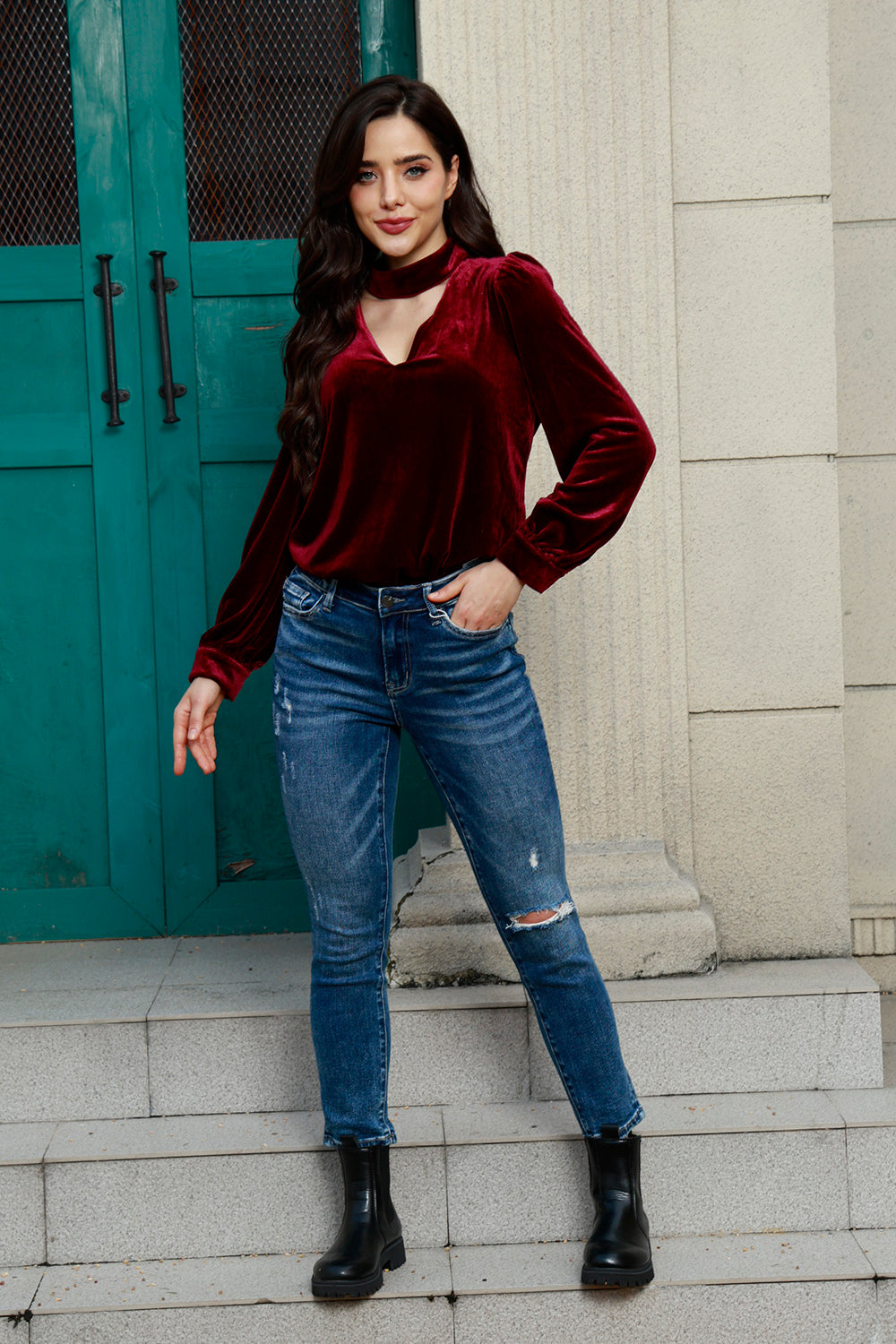 Cutout Puff Sleeve Velvet Blouse