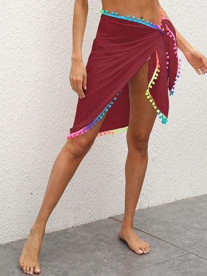 Rainbow Pompom Trim Swim Skirt